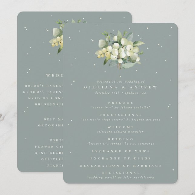 Seafoam Green Snowberry+Eucalyptus Bouquet Wedding Programm (Vorne/Hinten)