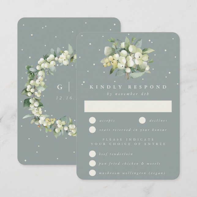 Seafoam Green Snowberry+Eucalyptus Bouquet Wedding RSVP Karte (Vorne/Hinten)