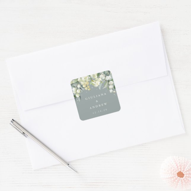 Seafoam Green Snowberry+Eucalyptus Wedding Quadratischer Aufkleber (Umschlag)