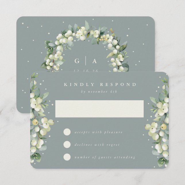 Seafoam Green Snowberry+Eucalyptus Wedding RSVP Karte (Vorne/Hinten)