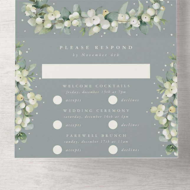 Seafoam Green Snowberry+Eukalyptus Winter Wedding All In One Einladung (Innen Abgelegt)