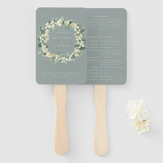 Seafoam Green Snowberry+Eukalyptus Winter Wedding Fächer (Vorne und Hinten)