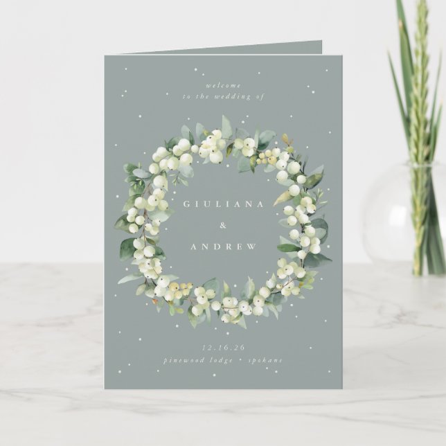 Seafoam Green Snowberry+Eukalyptus Winter Wedding Programm (Vorderseite)