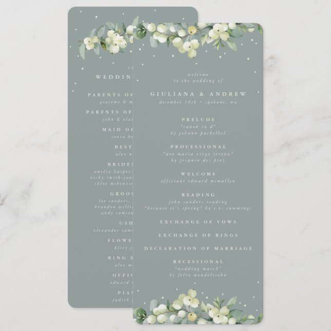 Seafoam Green Snowberry+Eukalyptus Winter Wedding Programm (Vorne/Hinten)