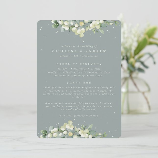 Seafoam Green Snowberry+Eukalyptus Winter Wedding Programm (Stehend Vorderseite)