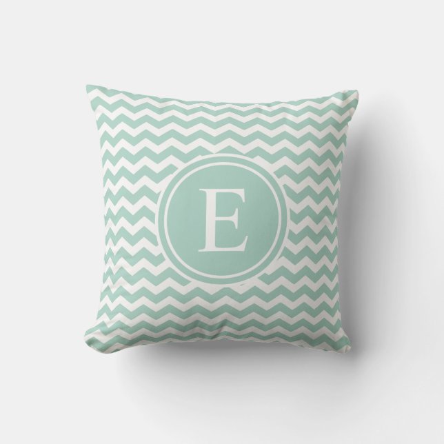 Seafoam grüne Zickzack Monogrammthrow-Kissen Kissen (Vorderseite)