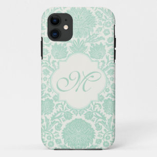 Seafoam grüner Retro Blumendamast mit Monogramm iPhone 11 Hülle