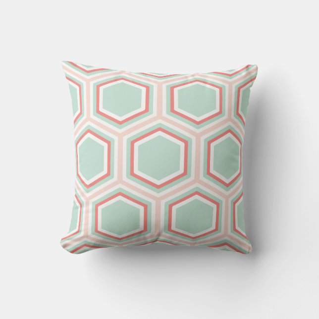 Seafoam grünes und orange Hexagon-Muster Kissen (Vorderseite)