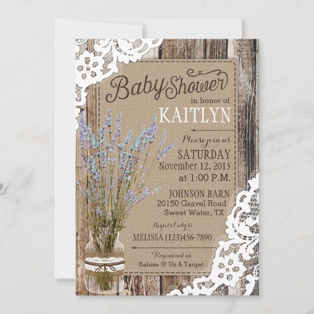 Seafoam Lavender Wood Lace Rustic Baby Dusche Einladung (Vorderseite)