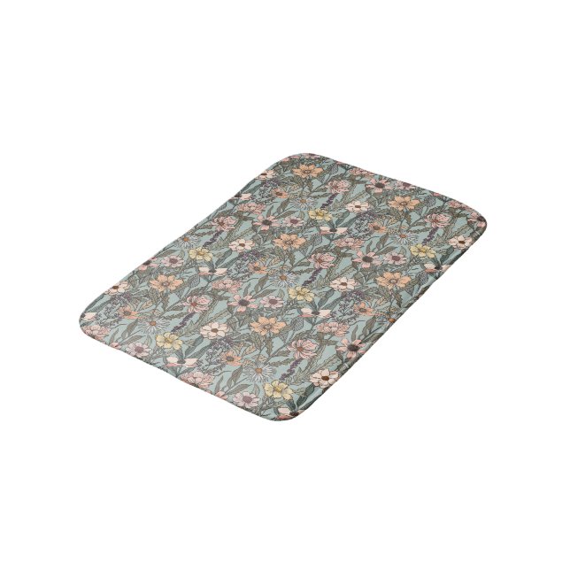 Seafoam Pink Yellow Retro Wildflower Badematte (Schrägansicht)