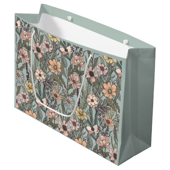 Seafoam Pink Yellow Retro Wildflower Große Geschenktüte (Vorderseite Schrägansicht)