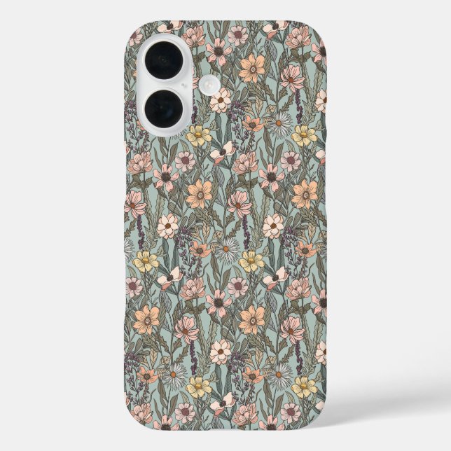 Seafoam Pink Yellow Retro Wildflower iPhone 16 Hülle (Rückseite)