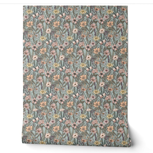 Seafoam Pink Yellow Retro Wildflower Tapete (Abrollen)