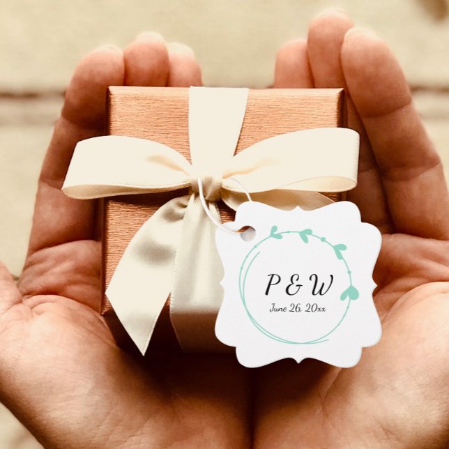 Seafoam Simple Heart Wreath Monogram Wedding Geschenkanhänger (In Situ Held)