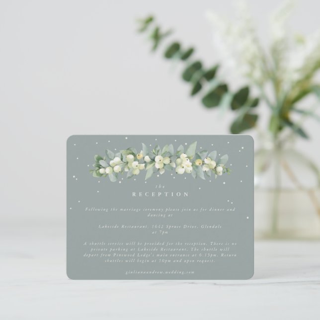 Seafoam Snowberry+Eucalyptus Garland Empfang Begleitkarte (Stehend Vorderseite)