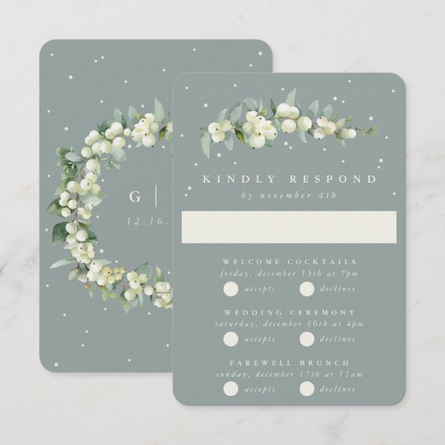 Seafoam Snowberry+Eucalyptus Wedding Multi-Event RSVP Karte (Vorne/Hinten)