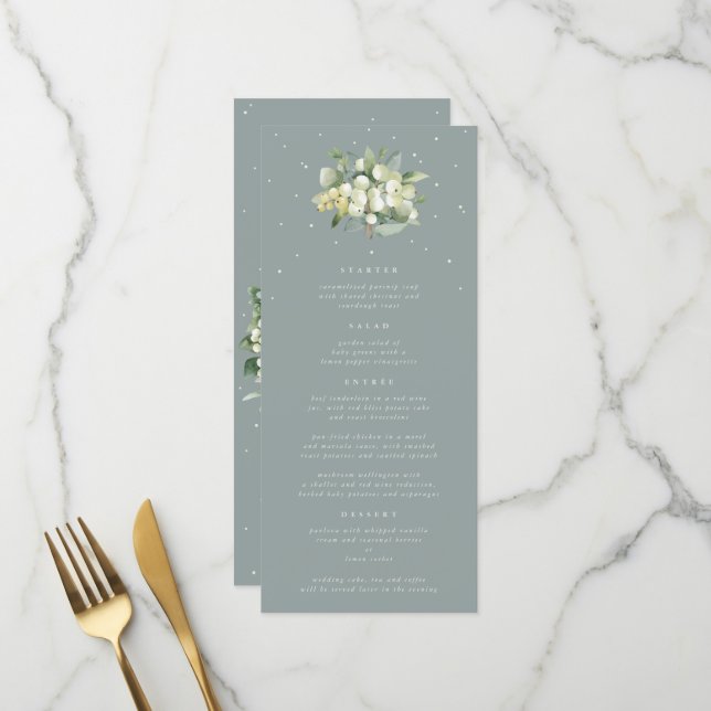 Seafoam Snowberry+Eukalyptus 4 Course Hochzeitswoh Menükarte (Vorderseite/Rückseite Beispiel)