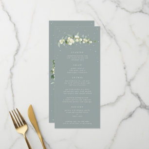 Seafoam Snowberry+Eukalyptus 4 Course Hochzeitswoh Menükarte