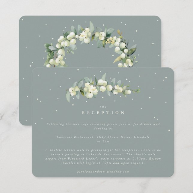 Seafoam Snowberry+Eukalyptus Hochzeitempfang Begleitkarte (Vorne/Hinten)