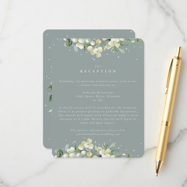 Seafoam Snowberry+Eukalyptus Hochzeitempfang Begleitkarte (Vorderseite/Rückseite Beispiel)