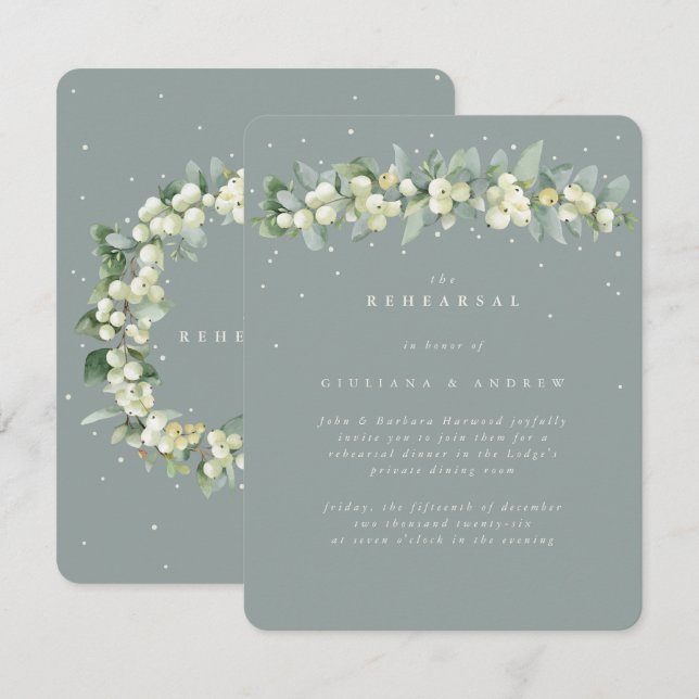 Seafoam Snowberry+Eukalyptus Wedding Probe Begleitkarte (Vorne/Hinten)