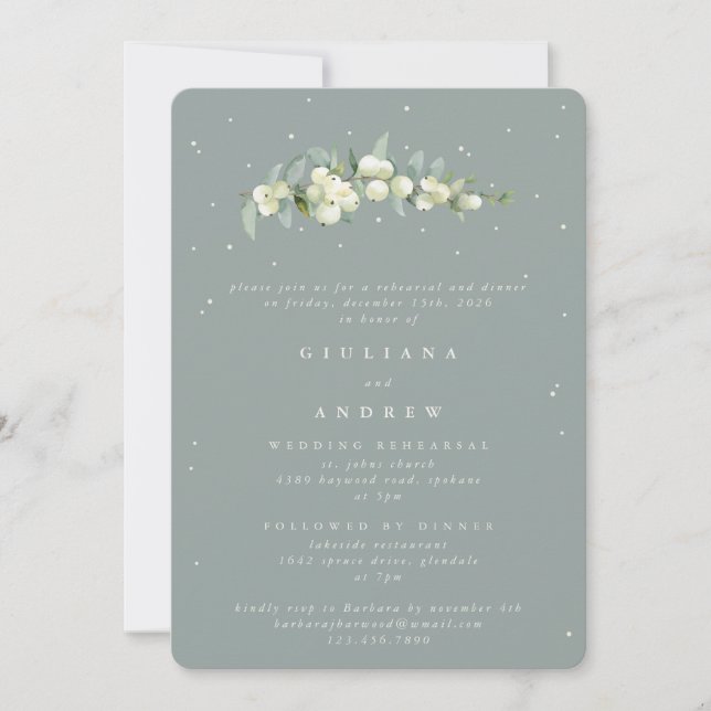 Seafoam Snowberry+Eukalyptus Wedding Probe Einladung (Vorderseite)