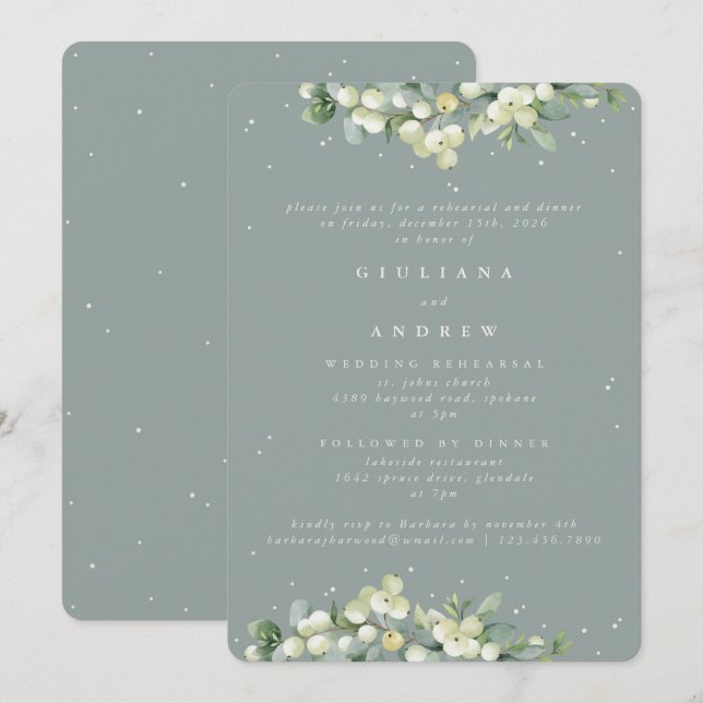 Seafoam Snowberry+Eukalyptus Wedding Probe Einladung (Vorne/Hinten)
