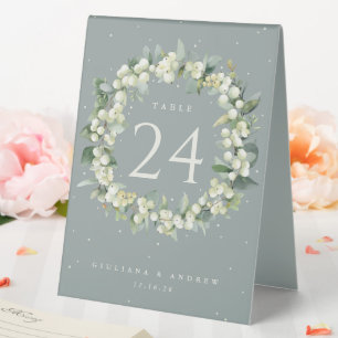 Seafoam Snowberry+Eukalyptus Wedding Tischnummer Tischaufsteller