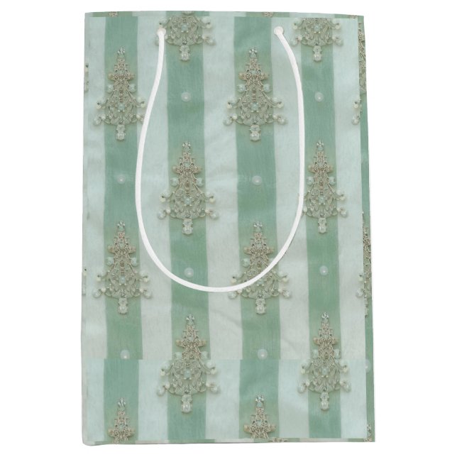 Seafoam Stiped Velvet-Look Diamond Trees Mittlere Geschenktüte (Vorderseite)
