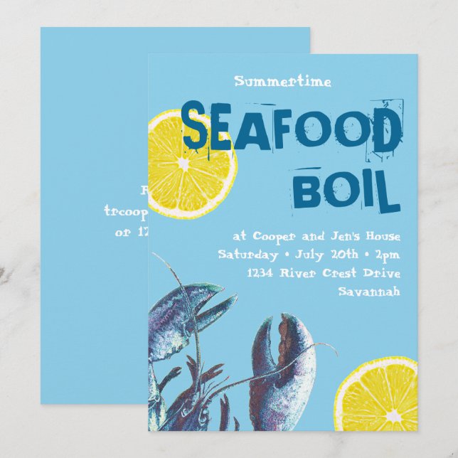 Seafood Boil Blue Lobster und Lemon Einladung (Vorne/Hinten)