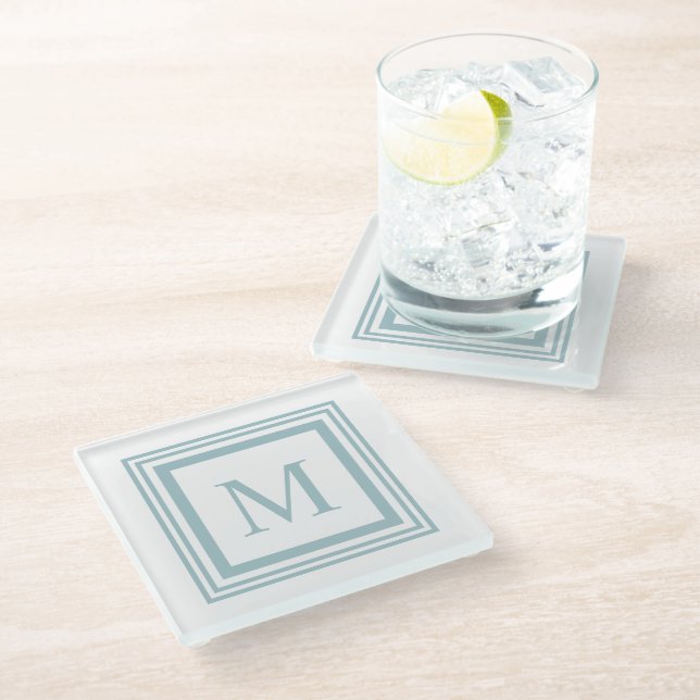 Seaglass and white  square border monogram glasuntersetzer (Schrägansicht)