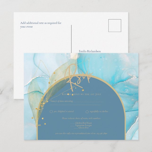 Seaglass INK Aquamarin Aqua Blue Gold Wedding RSVP Postkarte (Vorne/Hinten)