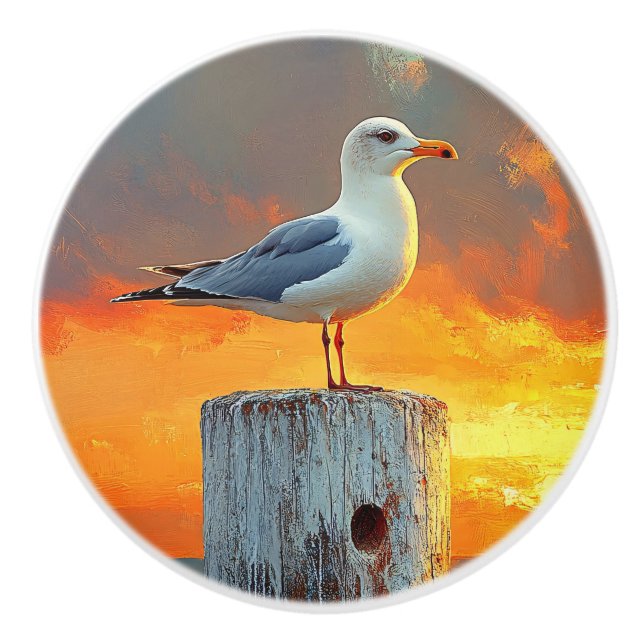 Seagull auf der Post Sunset Over the Ocean Art Keramikknauf (Vorderseite)