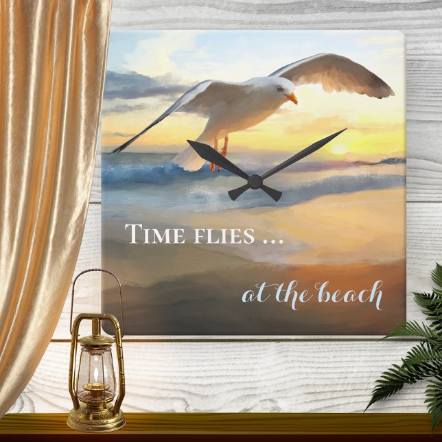 Seagull Beach Sunset Wall Clock Quadratische Wanduhr (Von Creator hochgeladen)