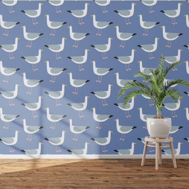 Seagull Coastal Blue Tapete (Fun seagull nautical coastal blue wallpaper)