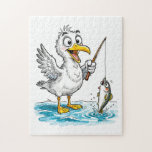 Seagull Fishing with Rod in Shallow Water<br><div class="desc">Illustration of a seagull standing in shallow coastal water while holding a fishing rod with a caught fish. Maritime setting with expressive character elements.</div>