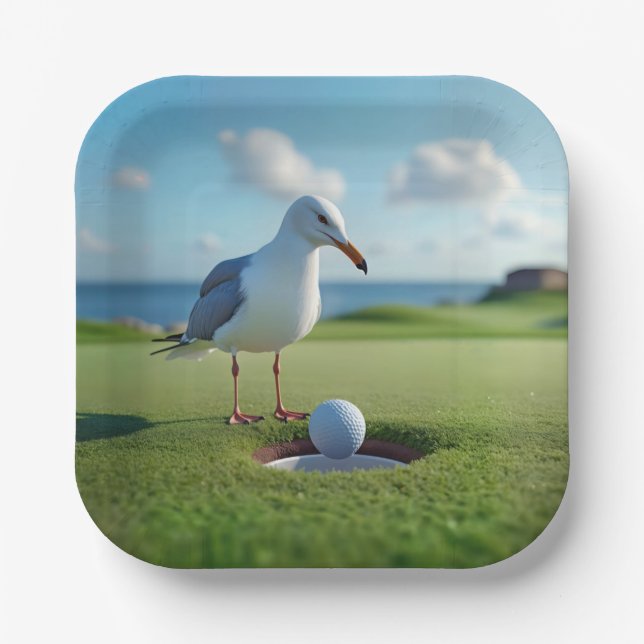 Seagull mit einem Golf-Ball Pappteller (Vorderseite)
