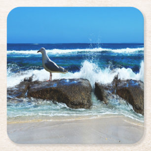 Seagull on Beach Rocks Rechteckiger Pappuntersetzer