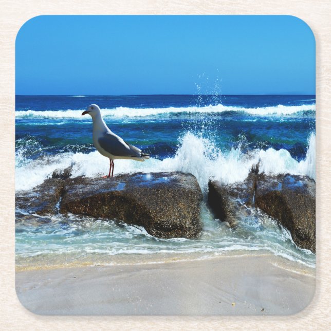 Seagull on Beach Rocks Rechteckiger Pappuntersetzer (Vorderseite)