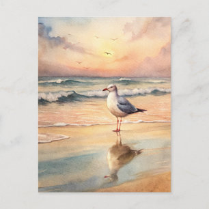 Seagull Sea Shore Sunset Ocean Aquarellmalerei Postkarte