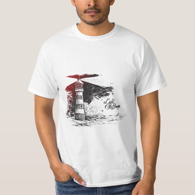 Seagull Silhouette Illustriert Lighthous T-Shirt (Vorderseite)
