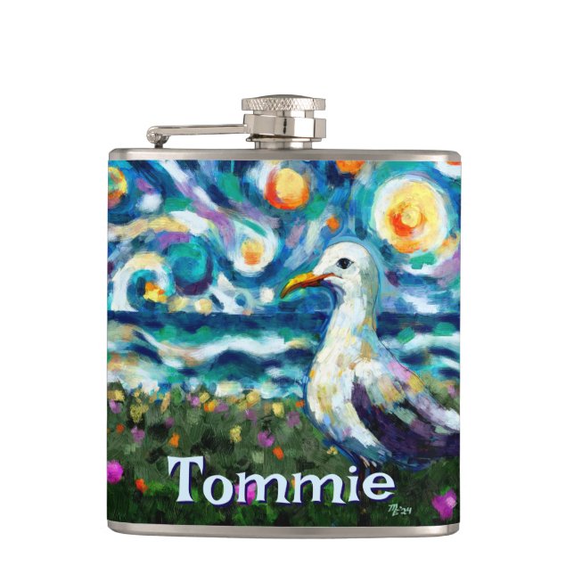 Seagull Van Gogh Style Beach Personalisiert Flachmann (Vorderseite)