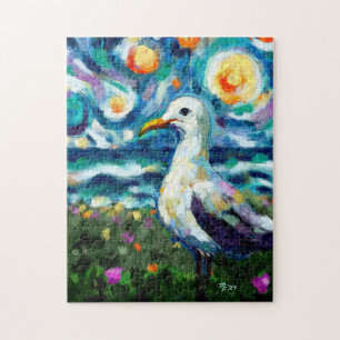 Seagull Van Gogh Style Beach Sky Blue Aquamarin