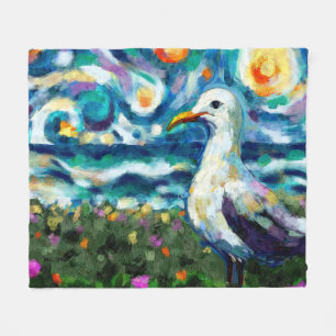 Seagull Van Gogh Style Beach Sky Blue Aquamarin Fleecedecke