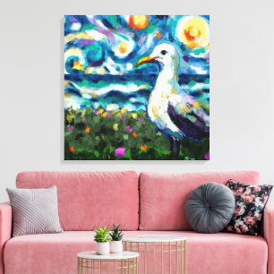 Seagull Van Gogh Style Beach Sky Blue Aquamarin Leinwanddruck
