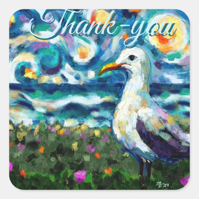 Seagull Van Gogh Style Beach Sky Vielen Dank Quadratischer Aufkleber (Vorderseite)