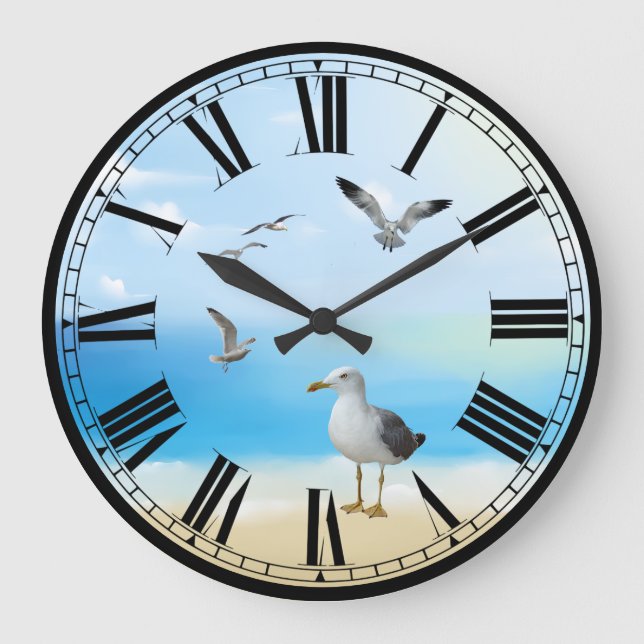 Seagulls und Beach Scene Große Wanduhr (Vorderseite)