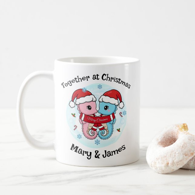 Seahorse Couple Christmas Personalized Mug (Avec donut)