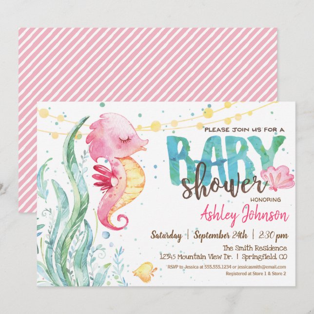Seahorse, invitation Baby shower fille (Devant / Derrière)