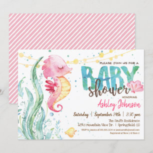 Seahorse, invitation Baby shower fille